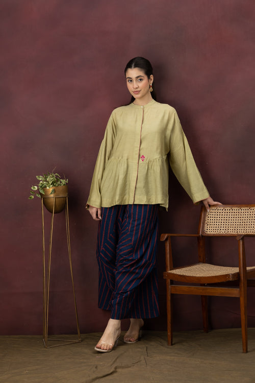 Gather — Metallic Embroidered Linen Shirt in Terracotta