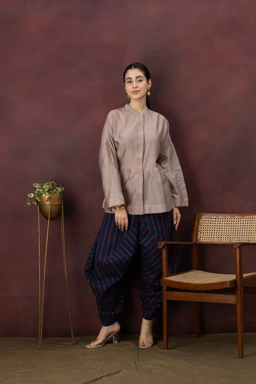 Gather - Metallic Embroidered Linen Shirt in Chanderi Silk