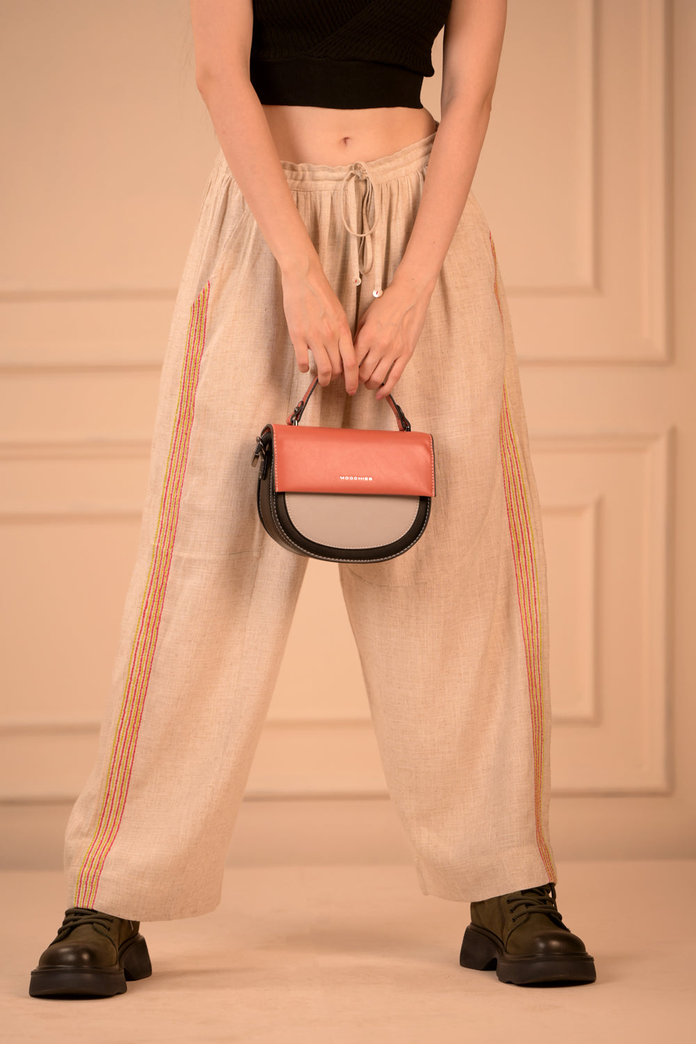 Loose Fit Linen Cotton Trousers with Side Embroidery (Unisex)