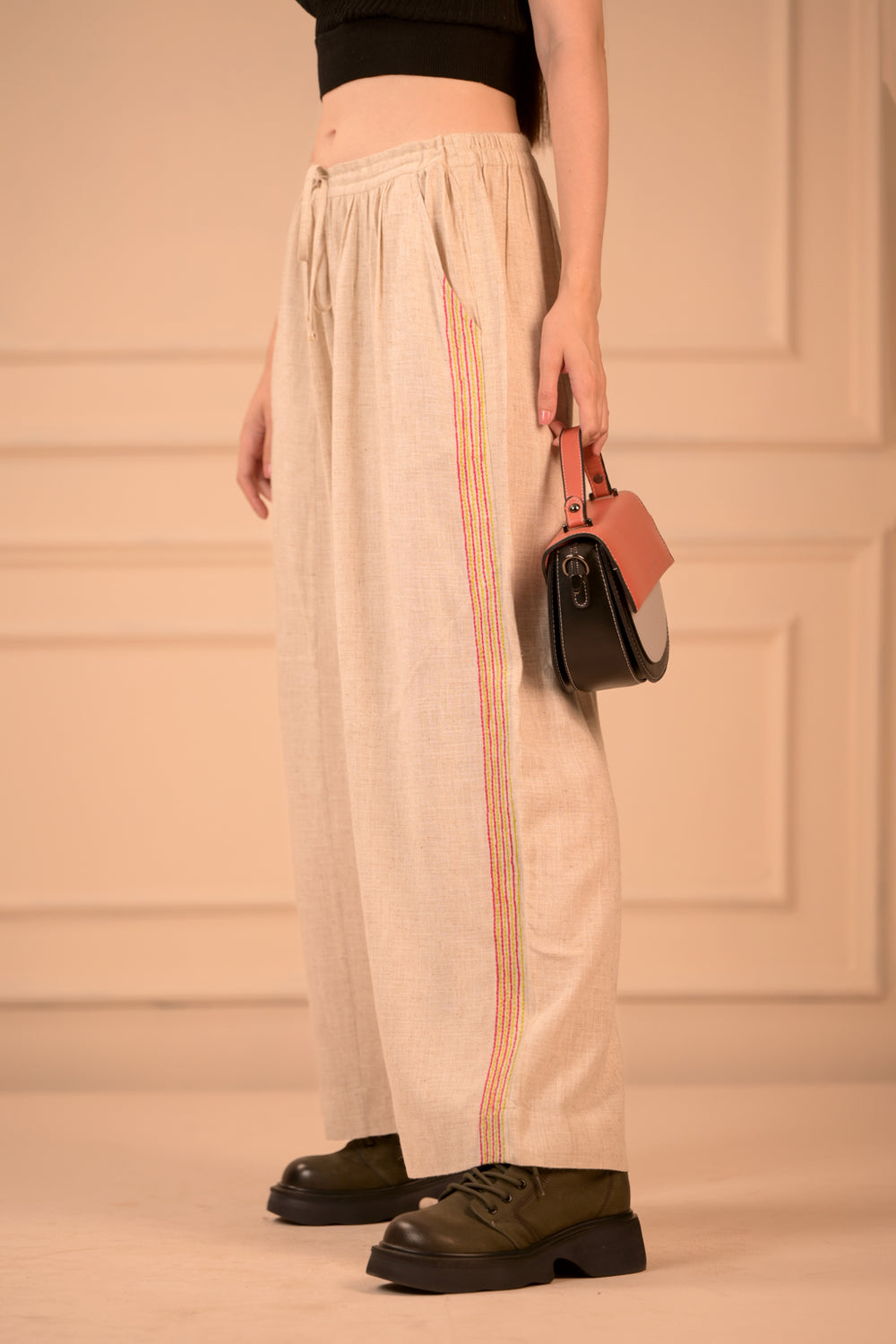 Loose Fit Linen Cotton Trousers with Side Embroidery (Unisex)