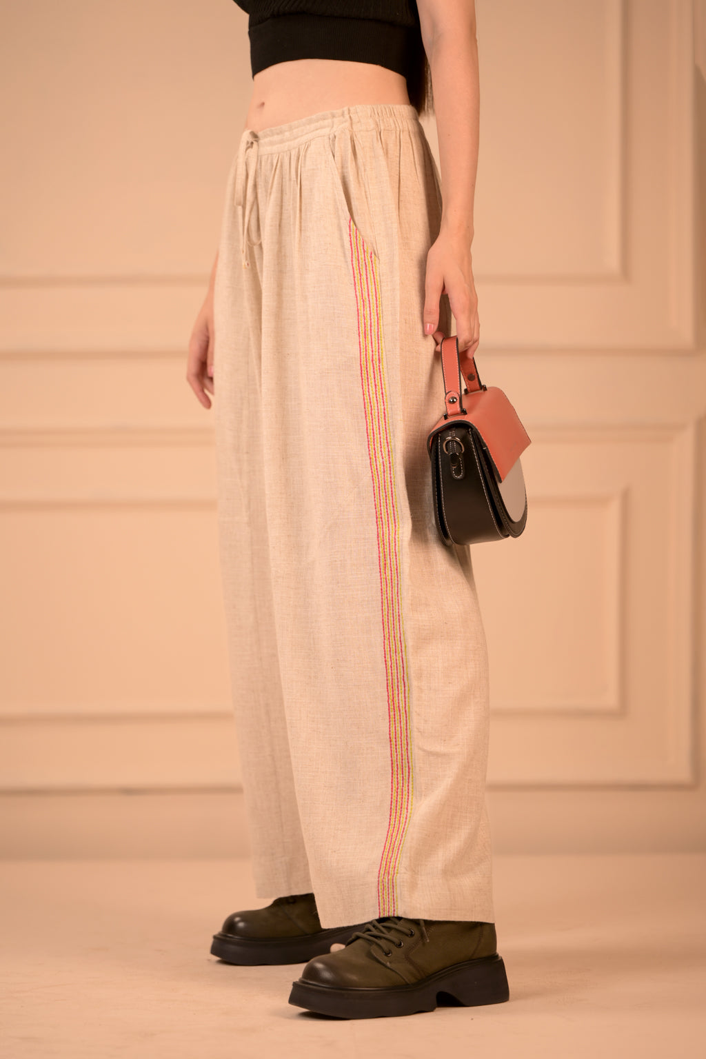 Loose Fit Linen Cotton Trousers with Side Embroidery (Unisex)