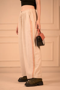 Loose Fit Linen Cotton Trousers with Side Embroidery (Unisex)