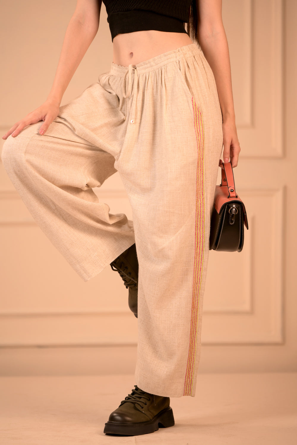 Loose Fit Linen Cotton Trousers with Side Embroidery (Unisex)