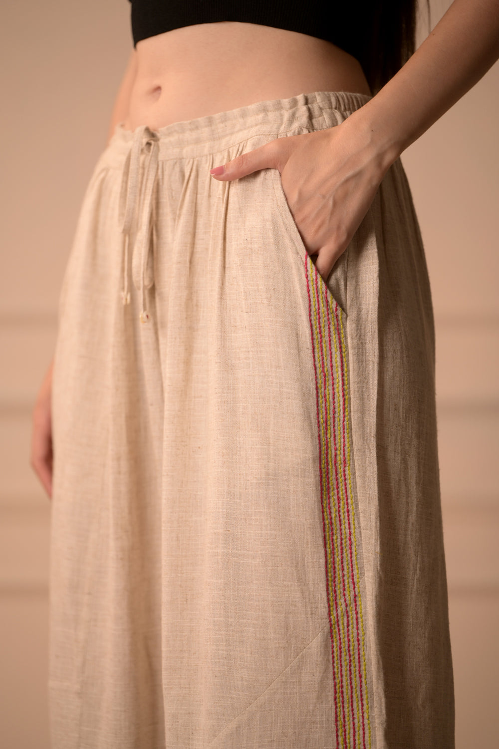 Loose Fit Linen Cotton Trousers with Side Embroidery (Unisex)