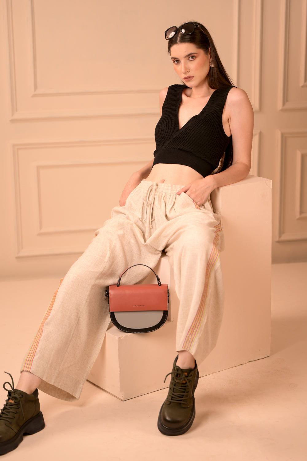 Loose Fit Linen Cotton Trousers with Side Embroidery (Unisex)