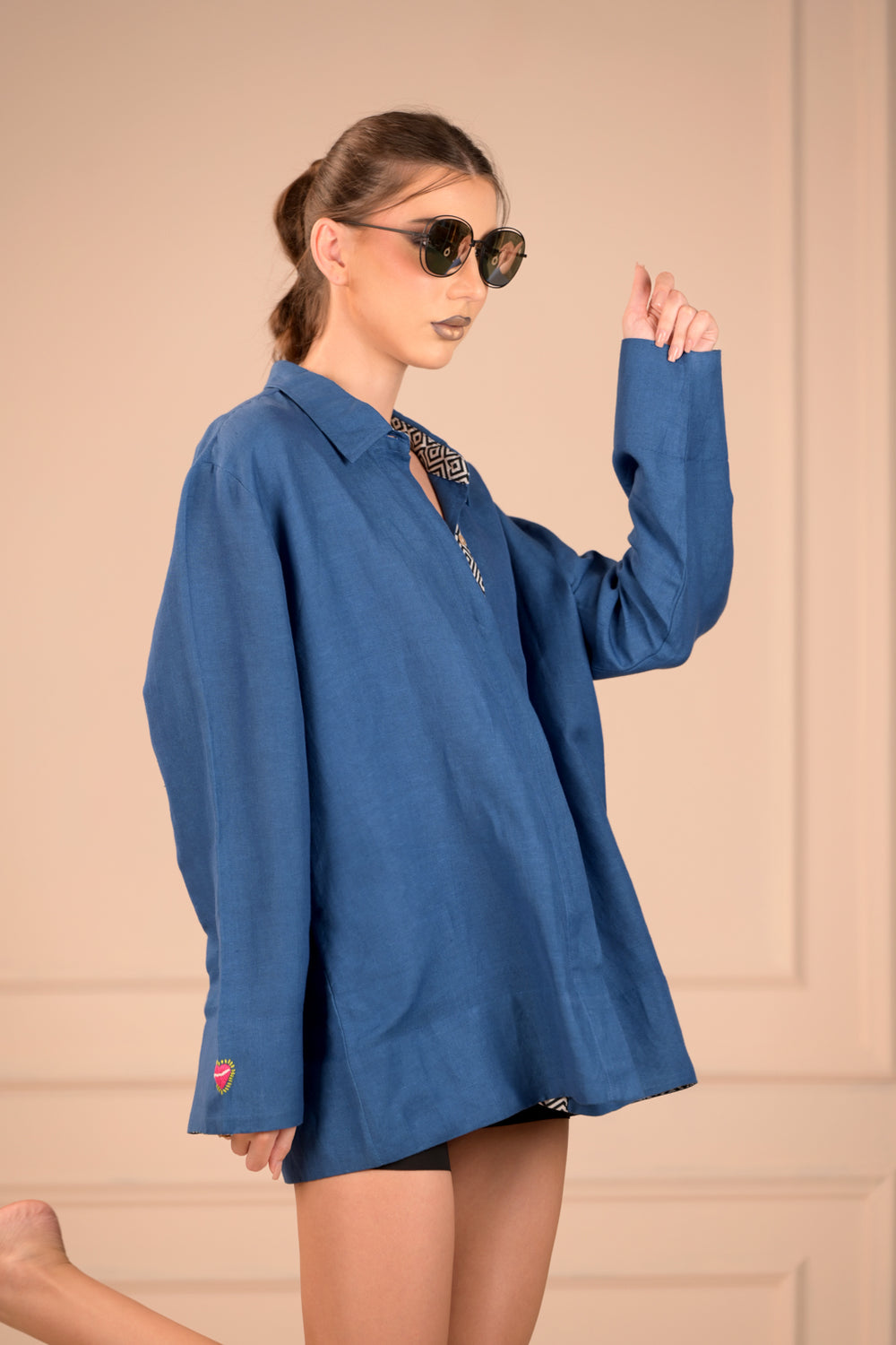 Dazzling Blue Fine Linen Shirt with Hand Embroidery