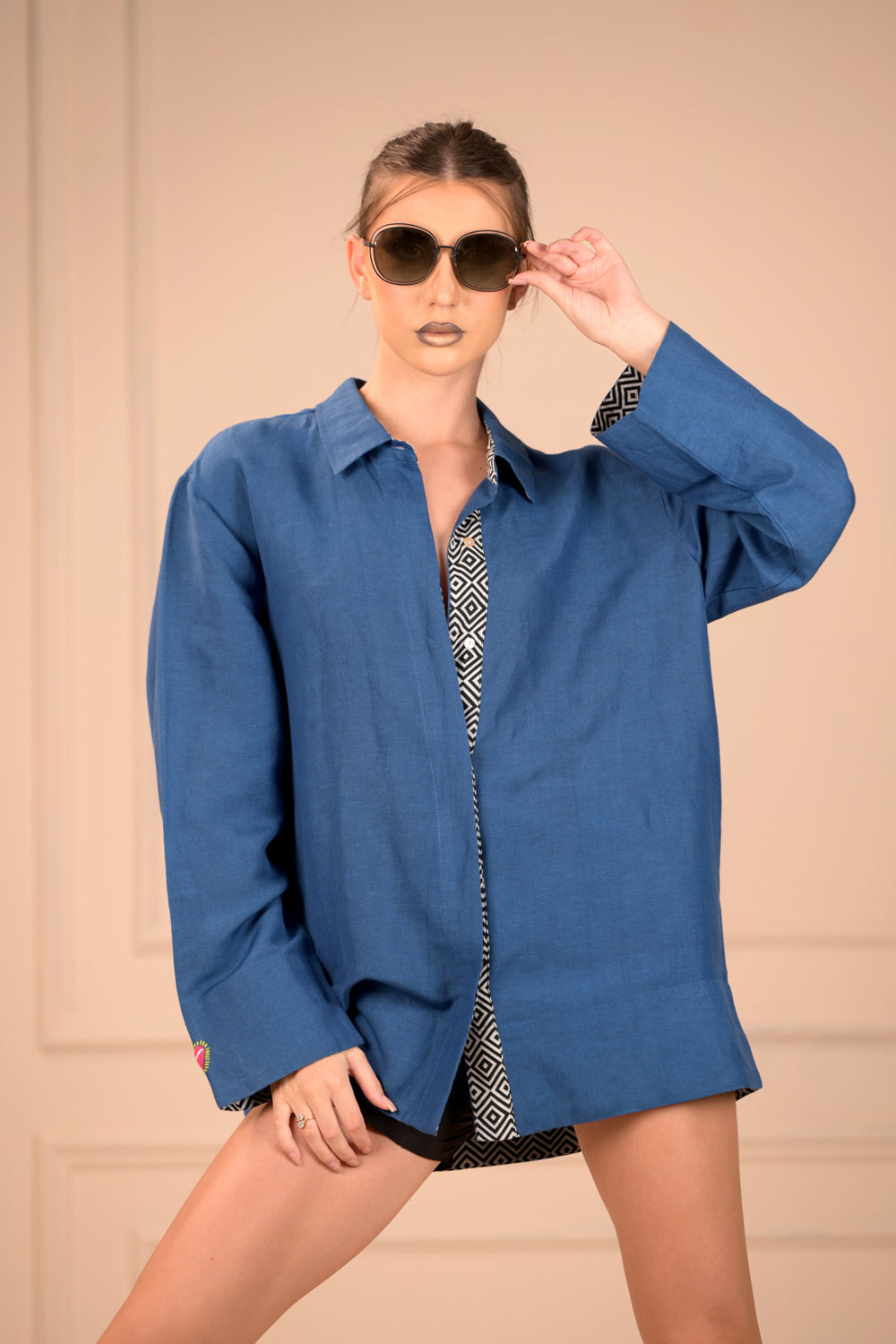 Dazzling Blue Fine Linen Shirt with Hand Embroidery
