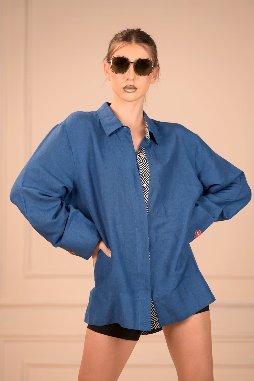 Dazzling Blue Fine Linen Shirt with Hand Embroidery