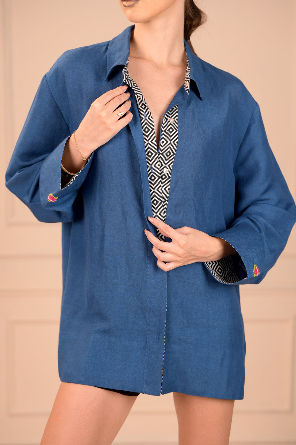 Dazzling Blue Fine Linen Shirt with Hand Embroidery