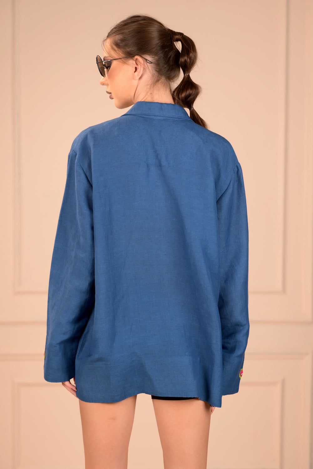 Dazzling Blue Fine Linen Shirt with Hand Embroidery