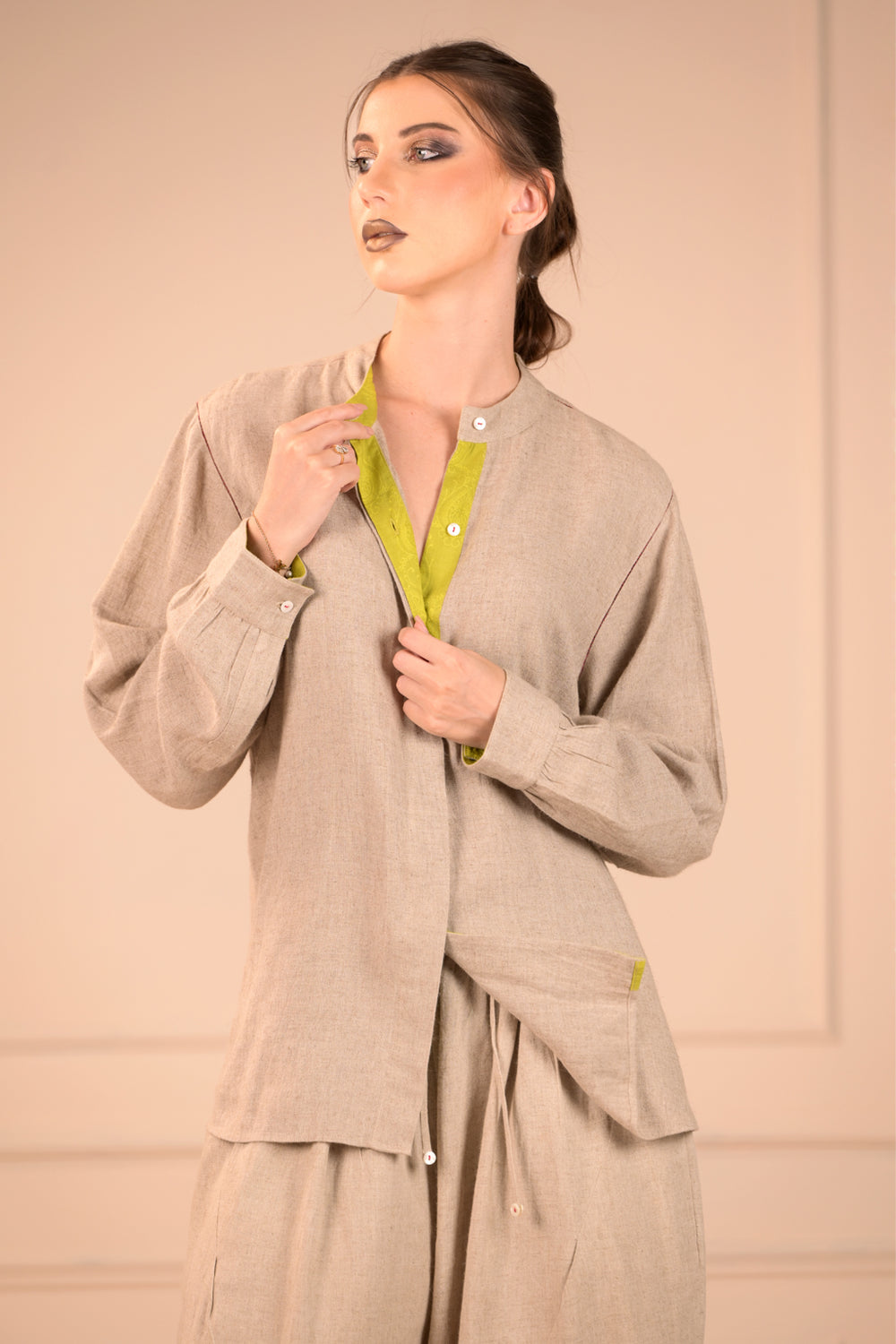 Stylish Mandarin Collar Shirt with Jali Stitch Work