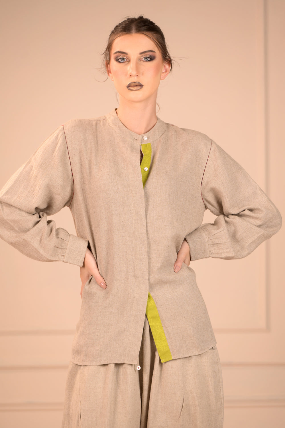 Stylish Mandarin Collar Shirt with Jali Stitch Work