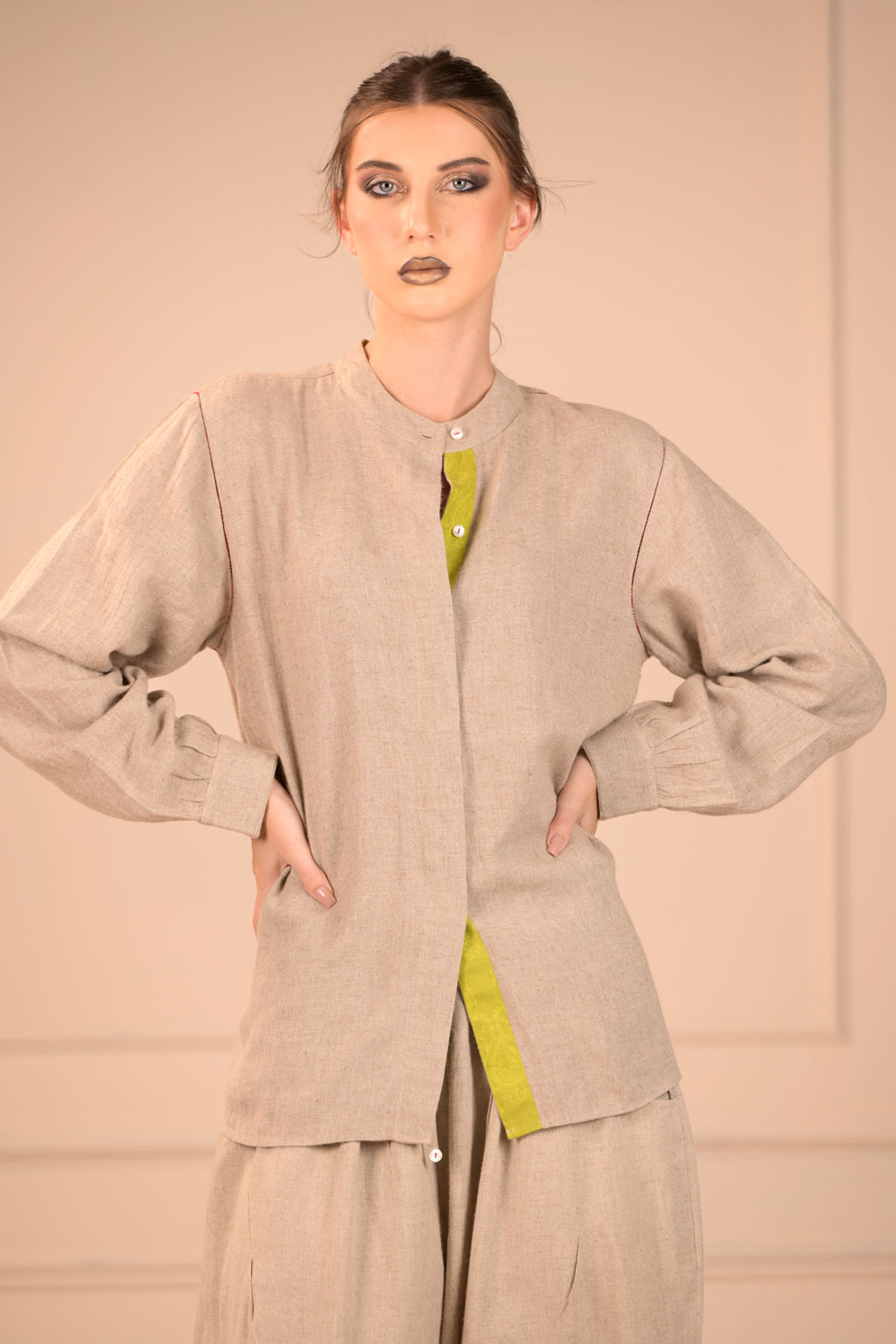 Stylish Mandarin Collar Shirt with Jali Stitch Work