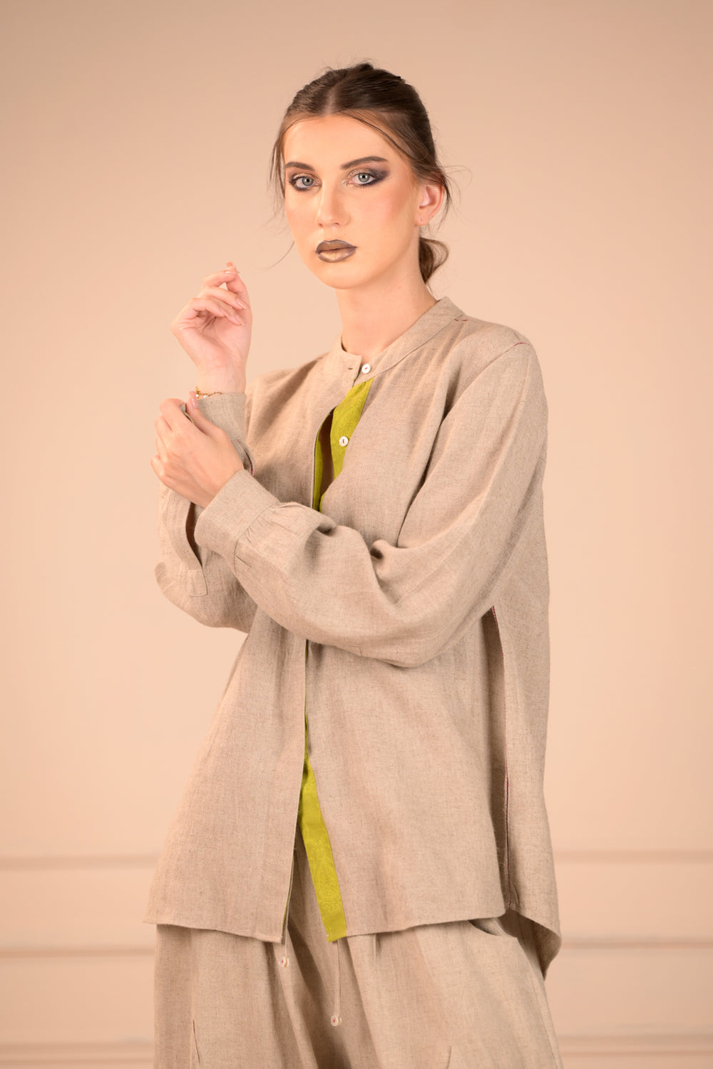 Stylish Mandarin Collar Shirt with Jali Stitch Work