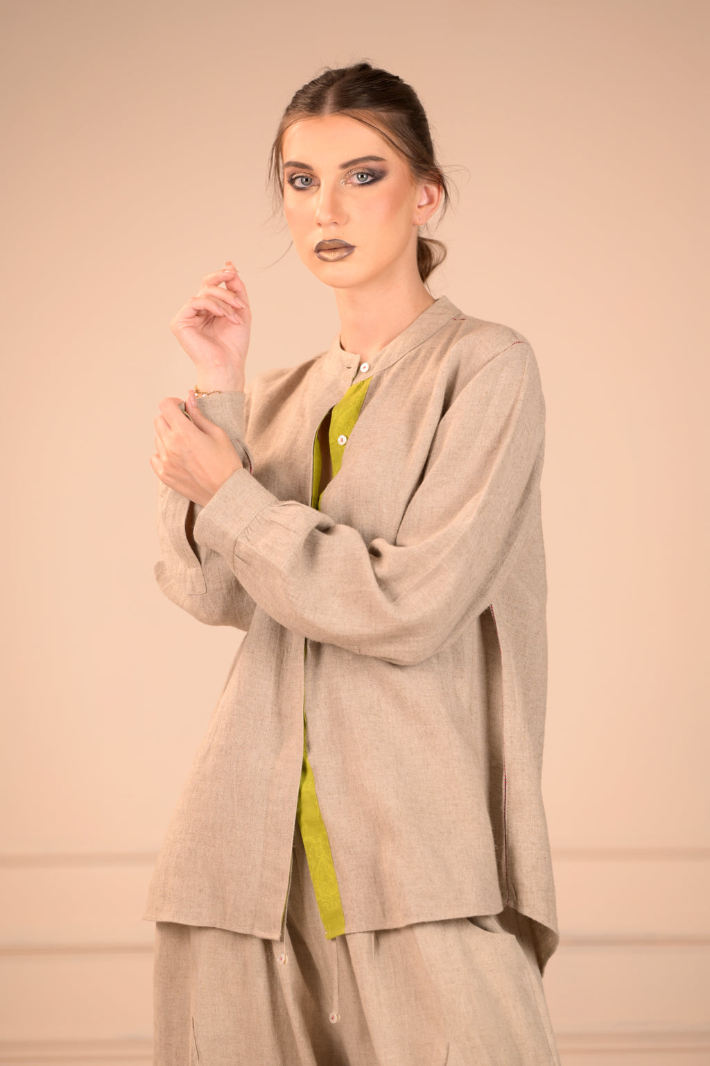 Stylish Mandarin Collar Shirt with Jali Stitch Work