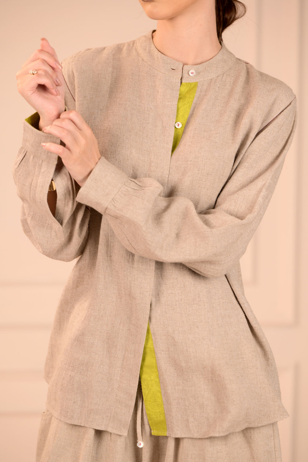 Stylish Mandarin Collar Shirt with Jali Stitch Work