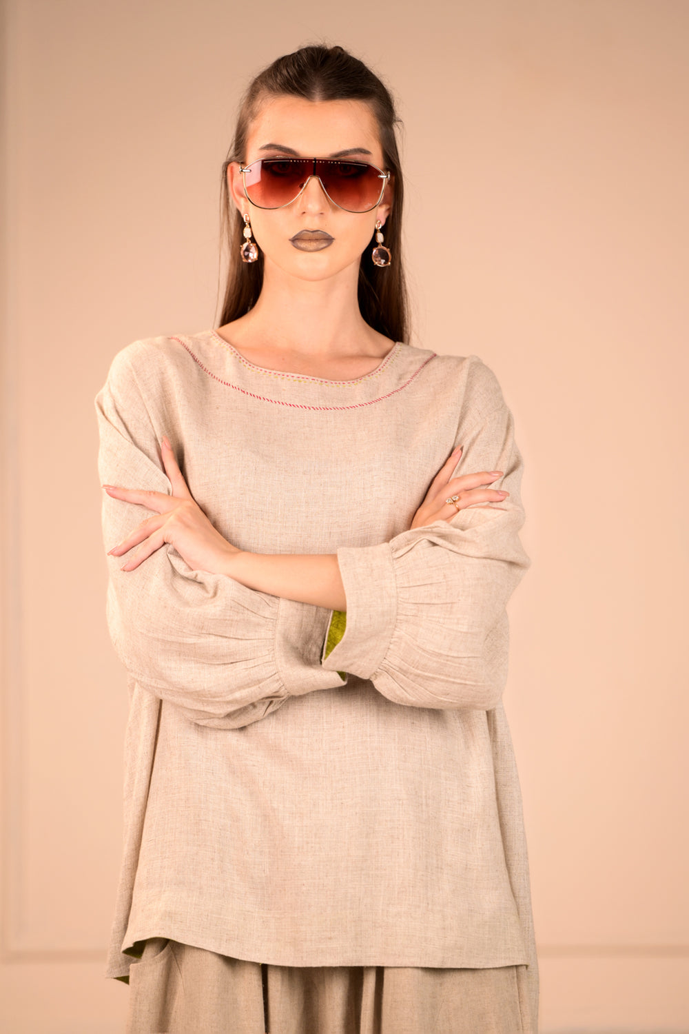 Free Flowing Linen Top with Handwork - Simply Elegant