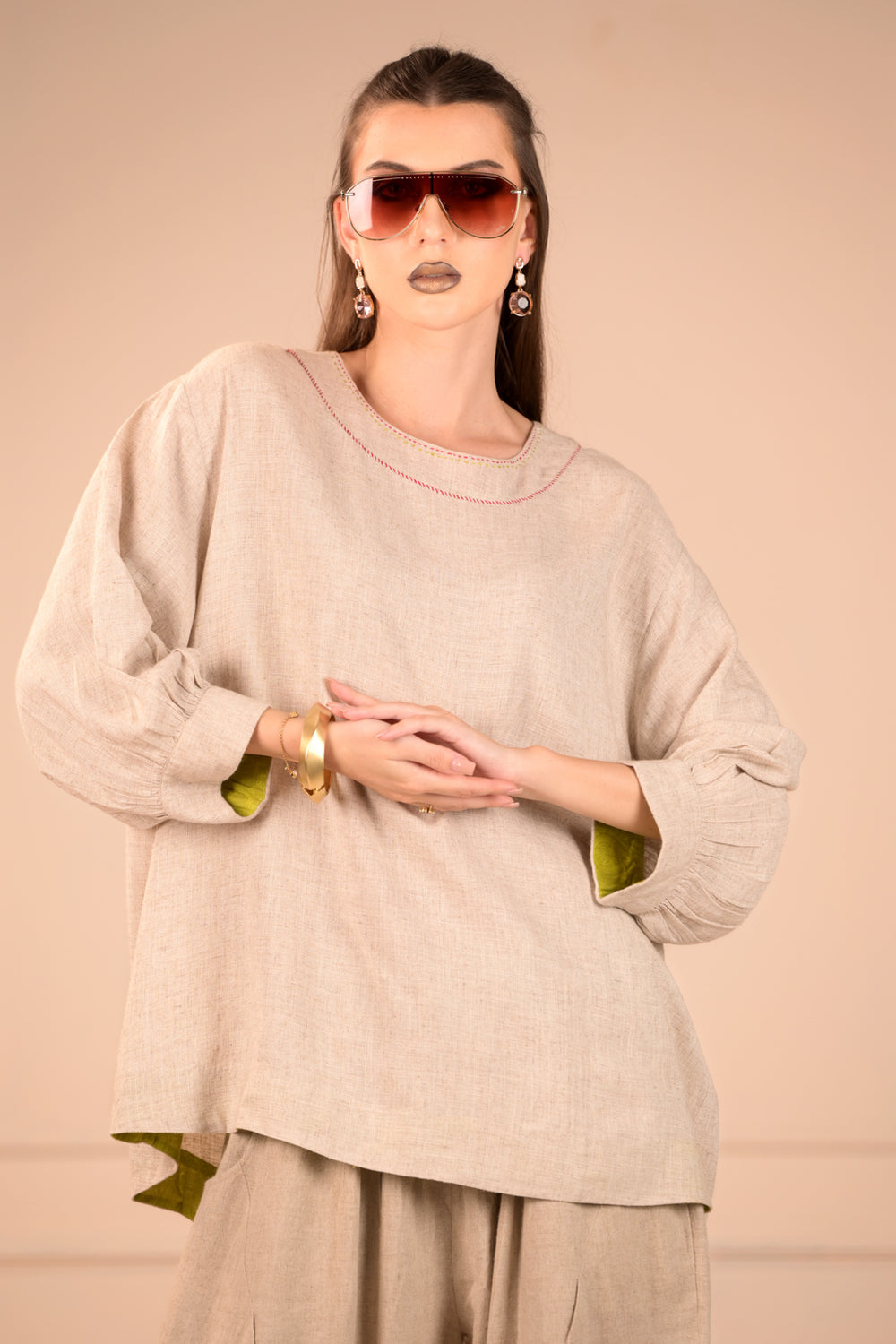 Free Flowing Linen Top with Handwork - Simply Elegant