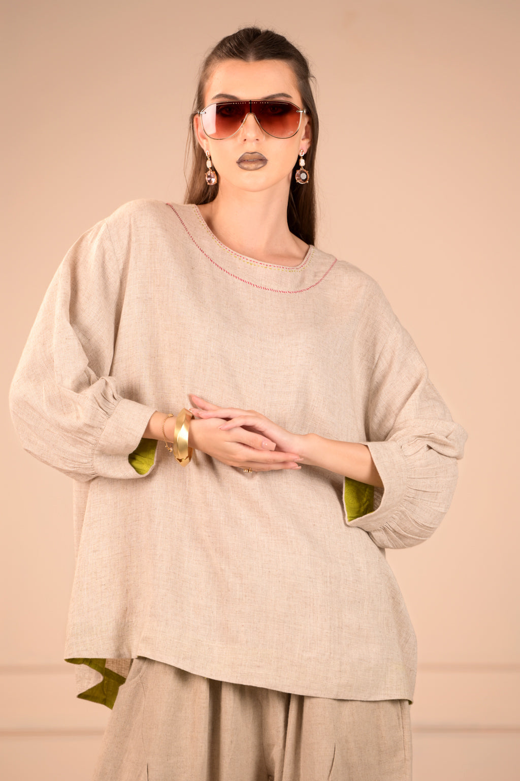 Free Flowing Linen Top with Handwork - Simply Elegant
