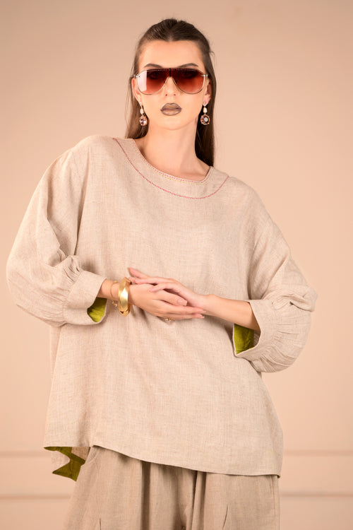 Free Flowing Linen Top with Handwork - Simply Elegant