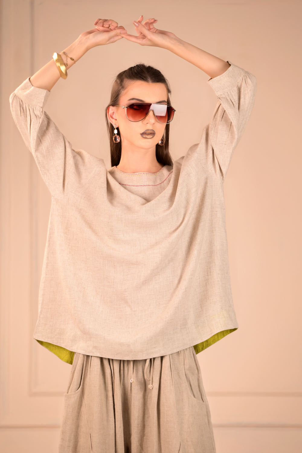 Free Flowing Linen Top with Handwork - Simply Elegant