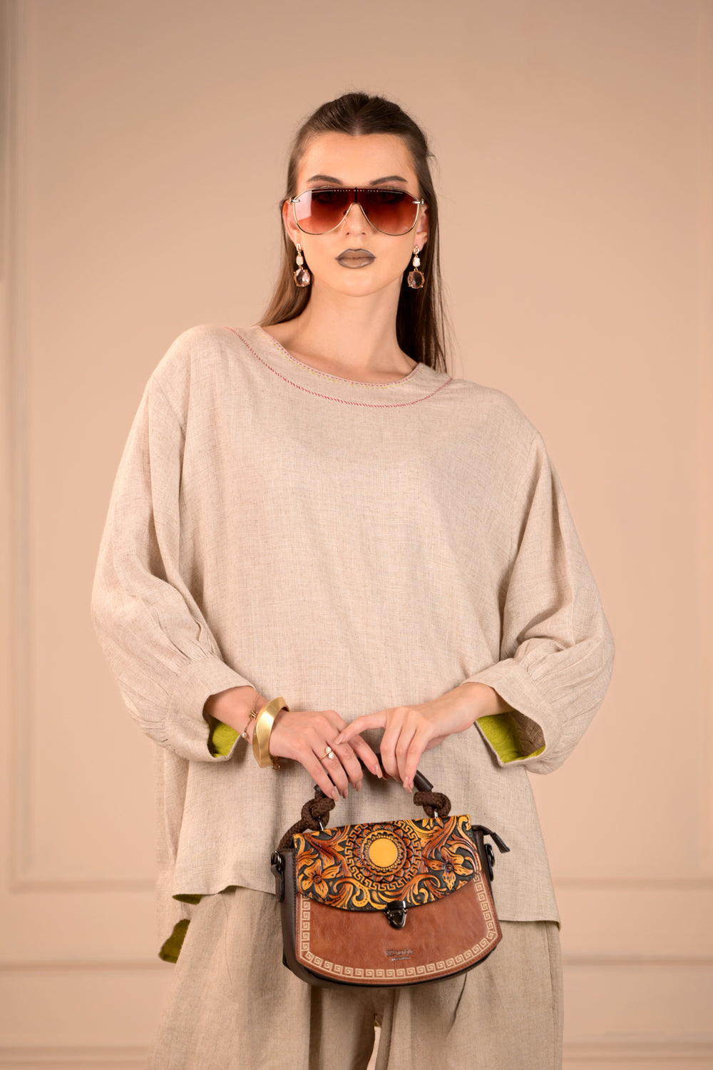 Free Flowing Linen Top with Handwork - Simply Elegant