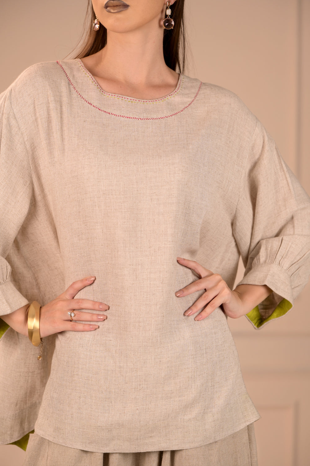 Free Flowing Linen Top with Handwork - Simply Elegant
