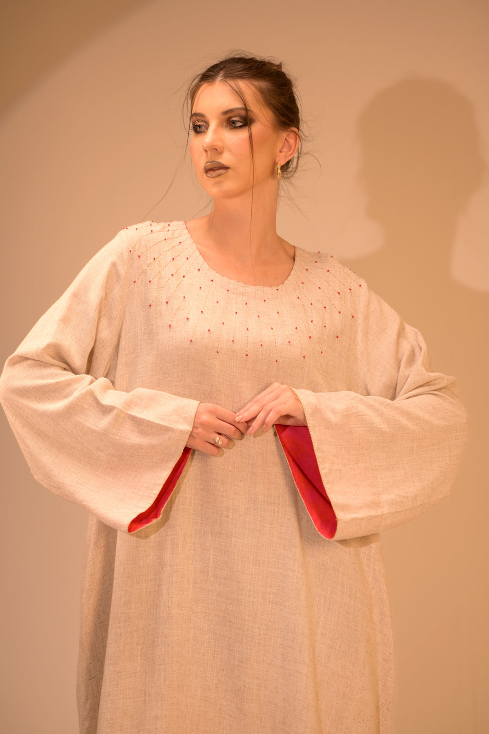 Round Neck Dress with French Knot Hand Embroidery*