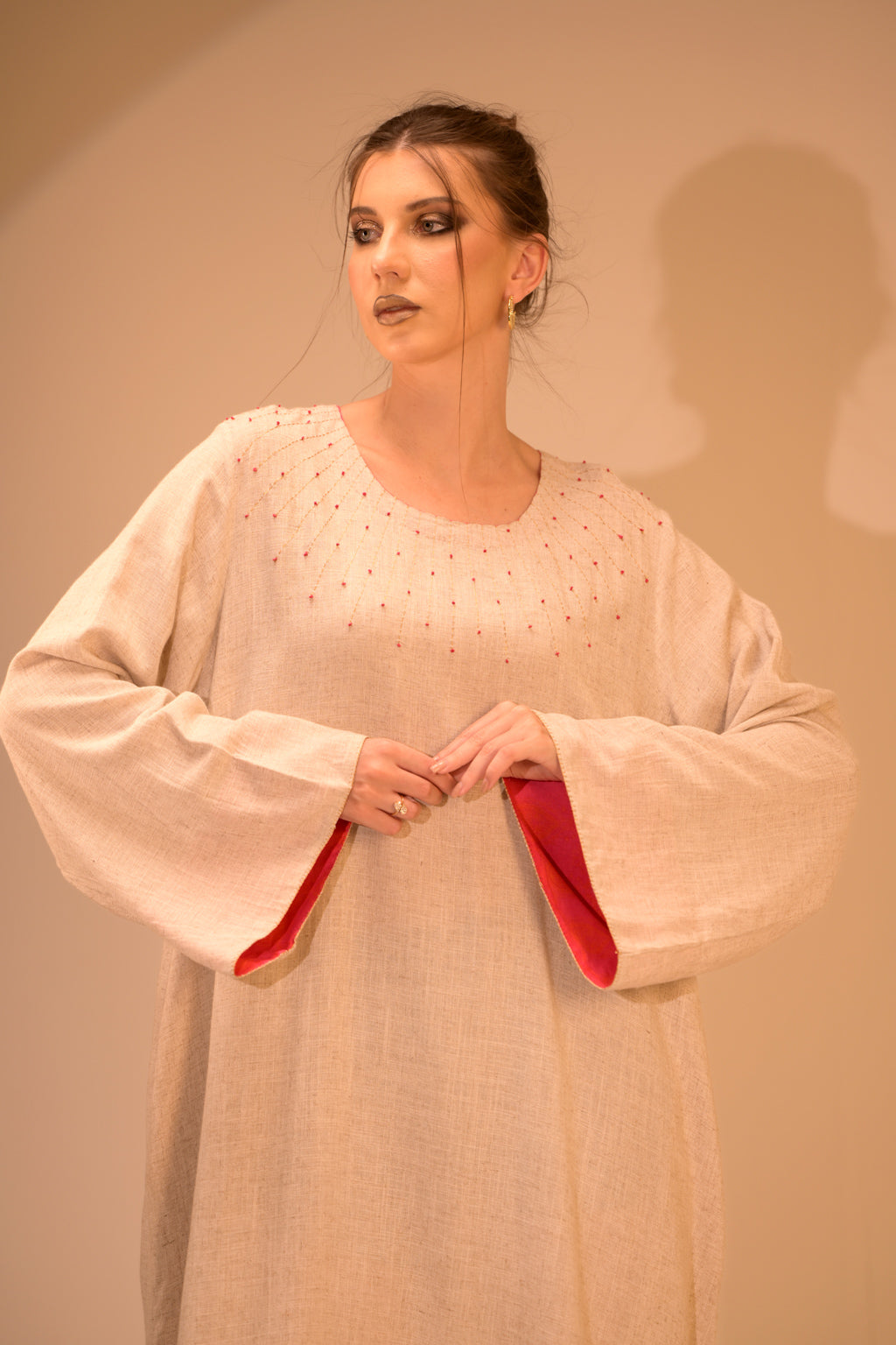 Round Neck Dress with French Knot Hand Embroidery*