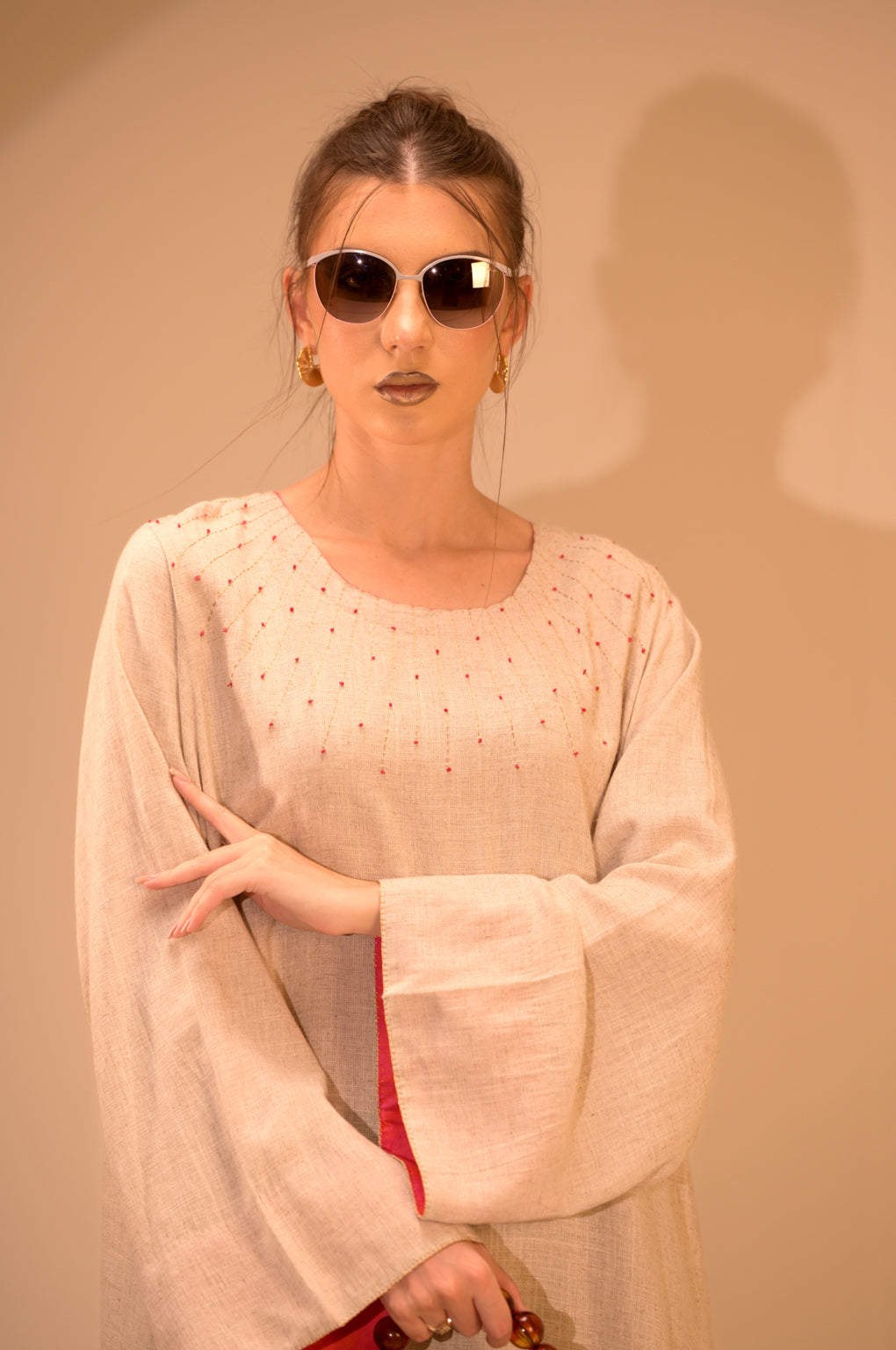 Round Neck Dress with French Knot Hand Embroidery*