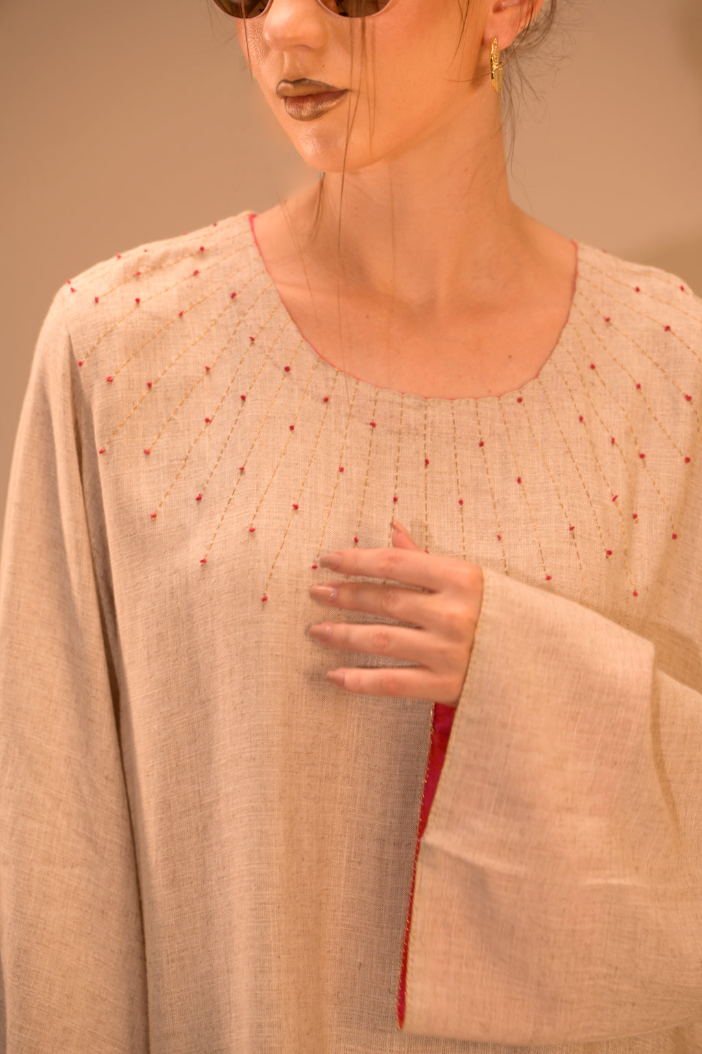 Round Neck Dress with French Knot Hand Embroidery*
