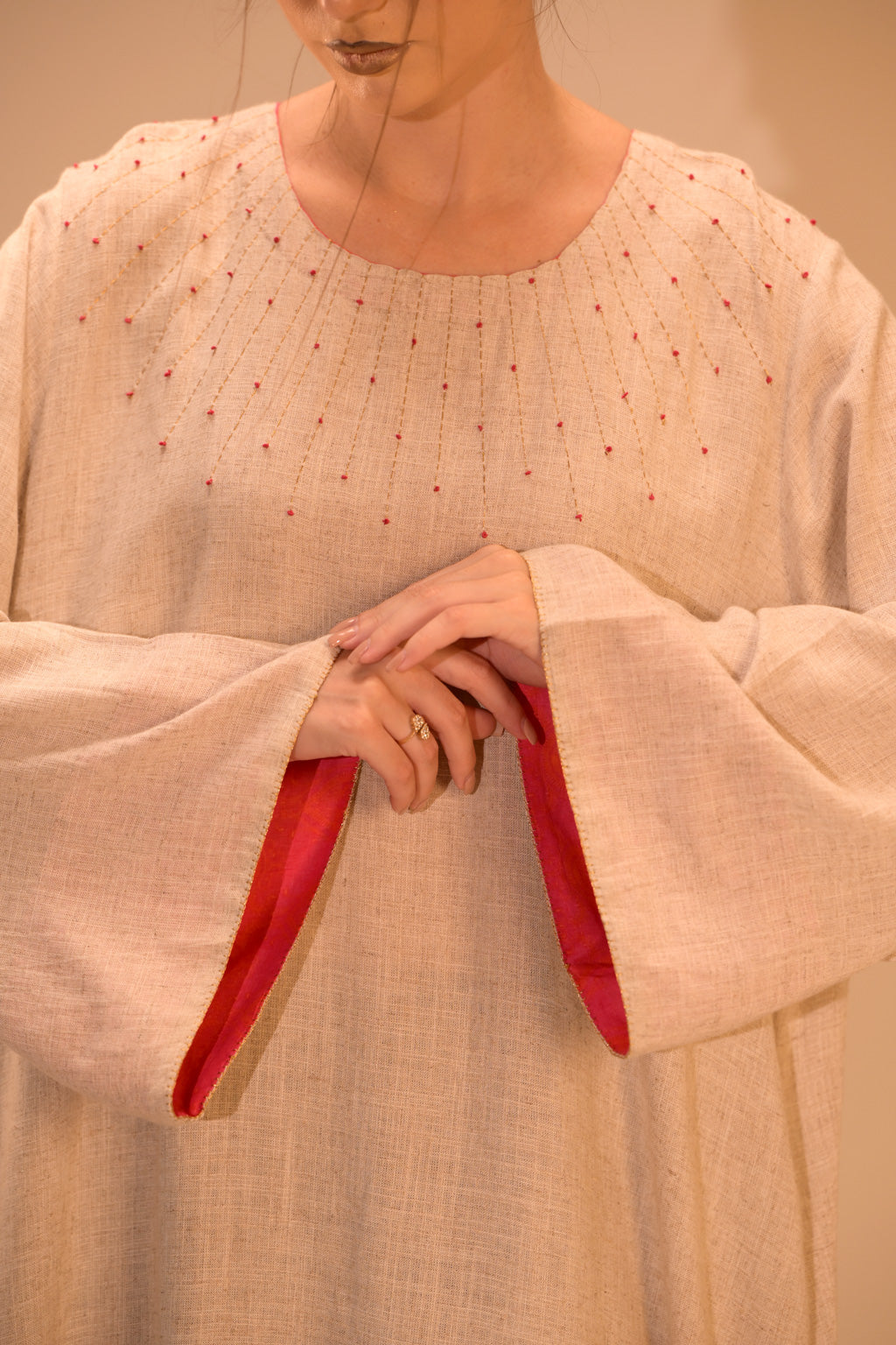 Round Neck Dress with French Knot Hand Embroidery*