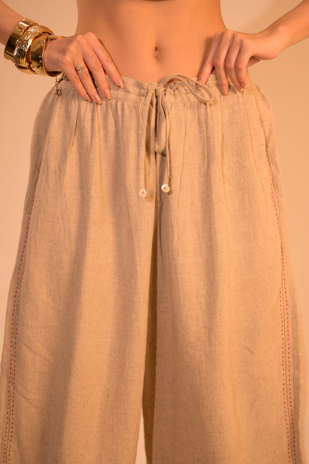 Linen Cotton Trousers with Embroidered Sides
