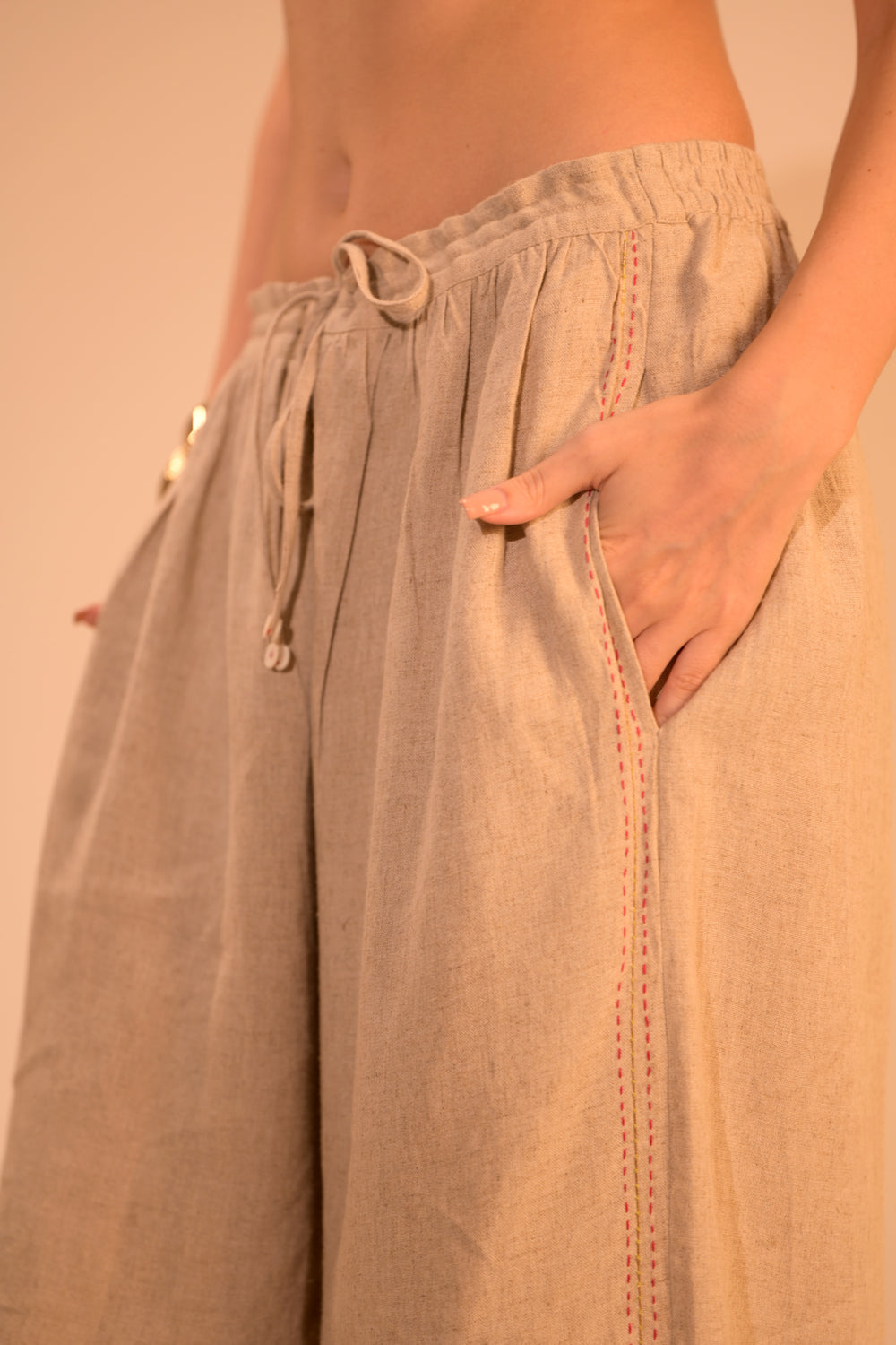 Linen Cotton Trousers with Embroidered Sides