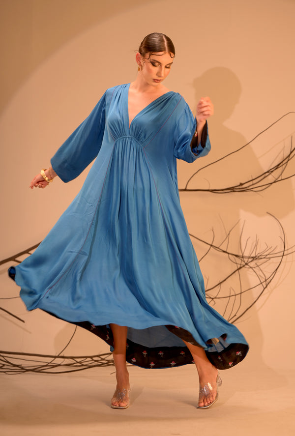 Indigo Hour — Blue Rose Silk Dress