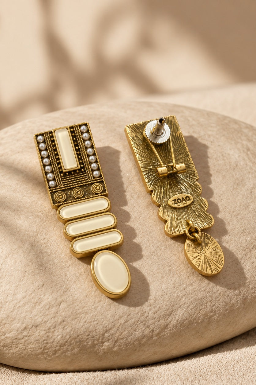Noor Minar — Art Deco Copper Drop Earrings with Stone Inlay