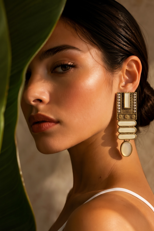 Noor Minar — Art Deco Copper Drop Earrings with Stone Inlay