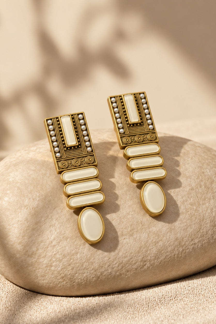 Noor Minar — Art Deco Copper Drop Earrings with Stone Inlay