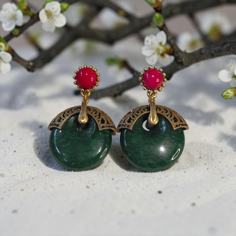 Phoolon Ki Mehfil — Green Stone Drop Earrings with Fuchsia Stud